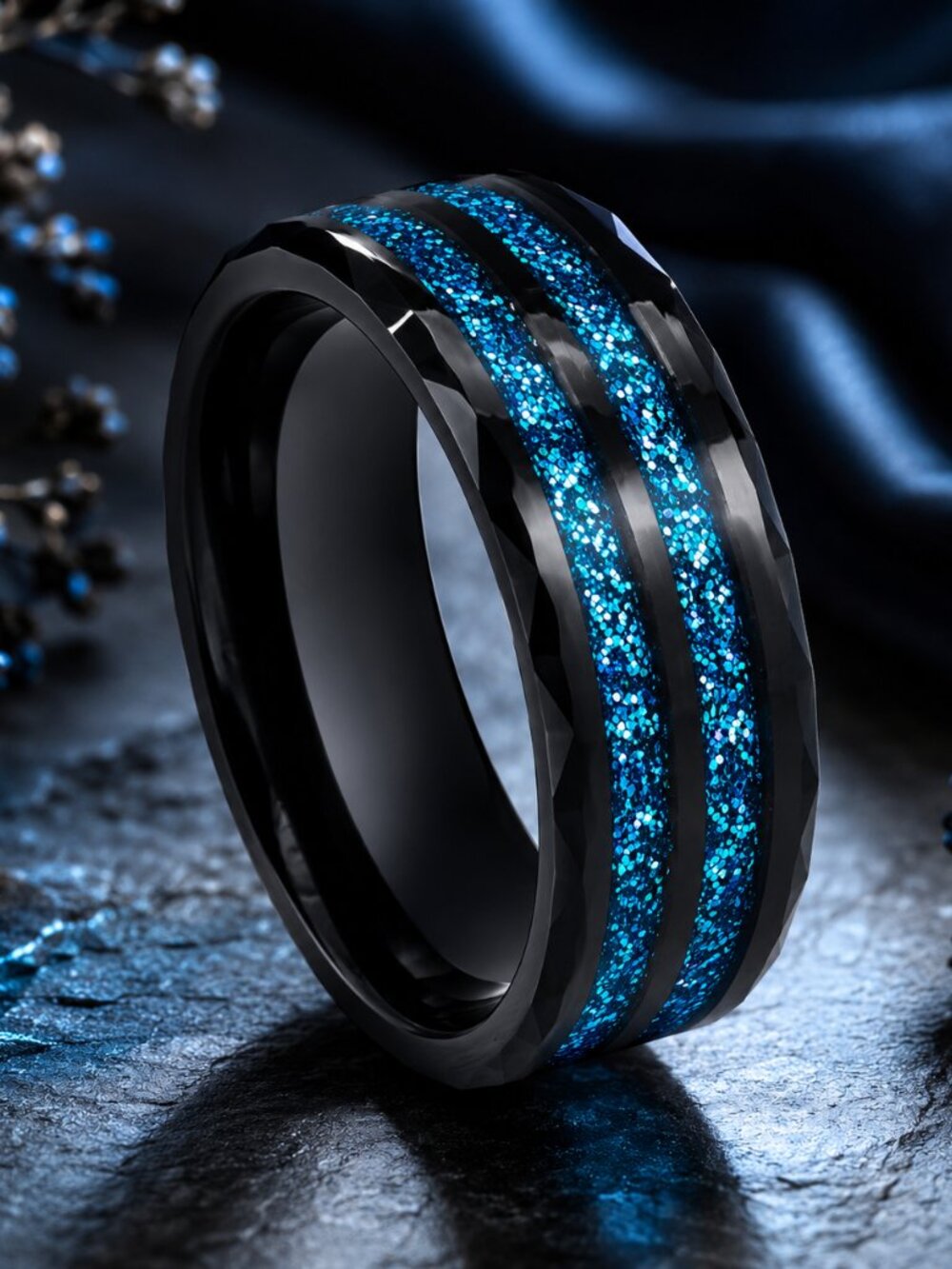 Faceted Black Tungsten Ring with Blue Glitter Inlay, GALTUN1058-12